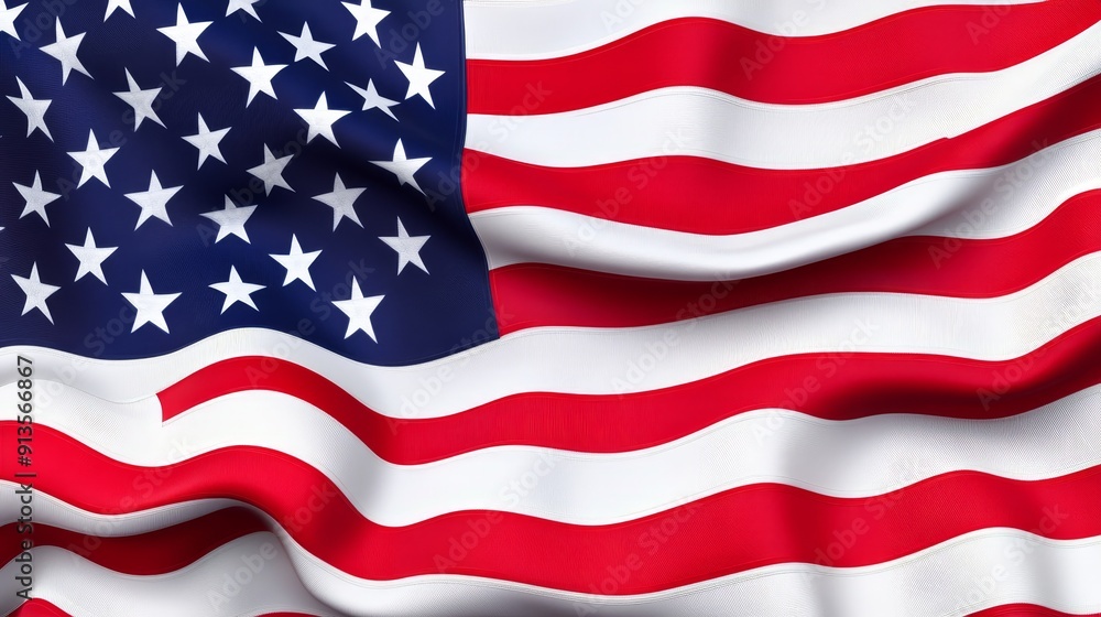Naklejka premium Vibrant American flag in motion, bright red and white stripes, crisp stars on deep blue, perfect wave effect, high detail and realism