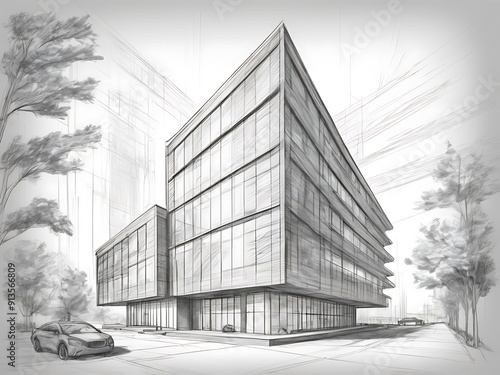 contemporary architectural sketch with pencil and markers of a unique modern building technical drawn background