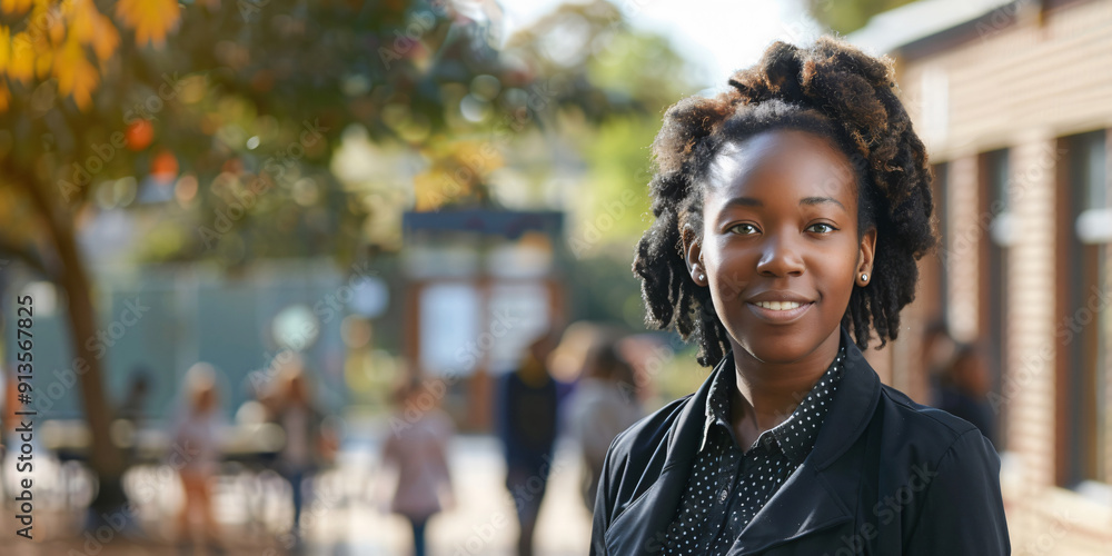 A young woman with a confident smile stands outdoors in a urban setting, showcasing a natural and radiant beauty.. african woman A young woman with a confident smile stands outdoors in a urban setting, showcasing a natural and radiant beauty.. african woman