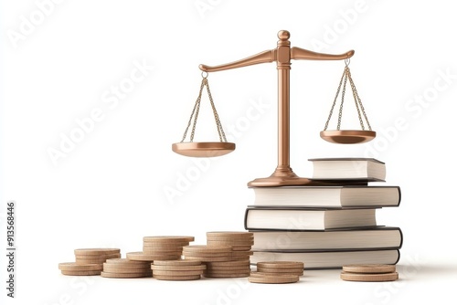 Wallpaper Mural A wooden scale balances on stacked books beside coins, symbolizing justice, law, and the interplay of money and knowledge. Torontodigital.ca
