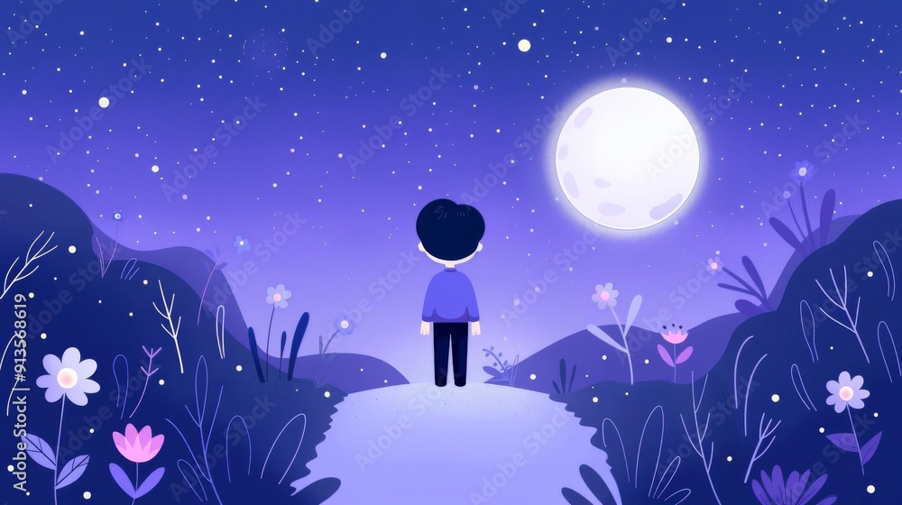 Fototapeta premium Moonlit garden, soft grain, simple modern clean background, flat design illustration