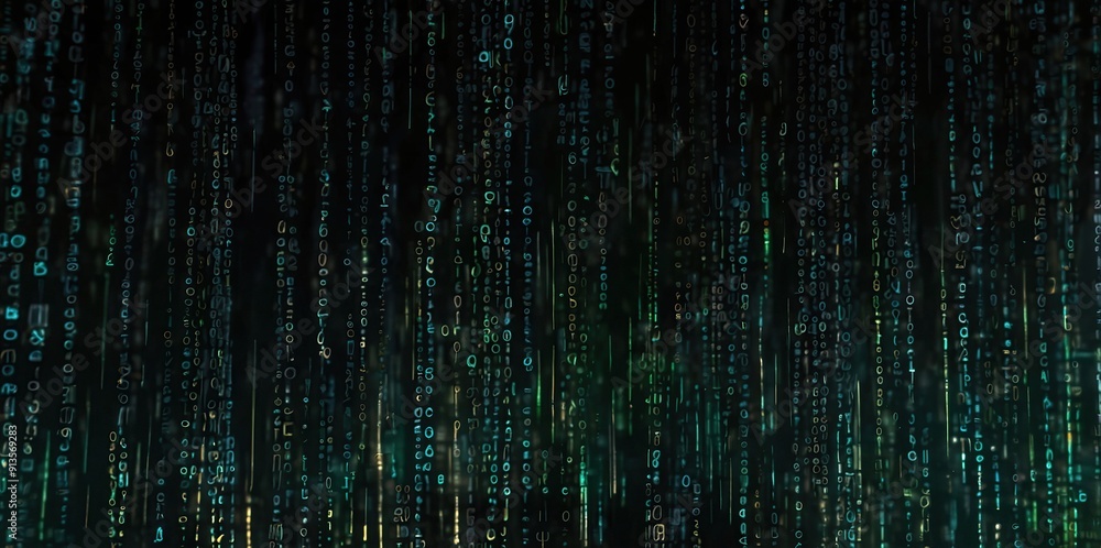 Digital binary code data streaming on a dark, greenish abstract background, reflecting the concept of technology Digital binary code data streaming on a dark, greenish abstract background, reflecting the concept of technology