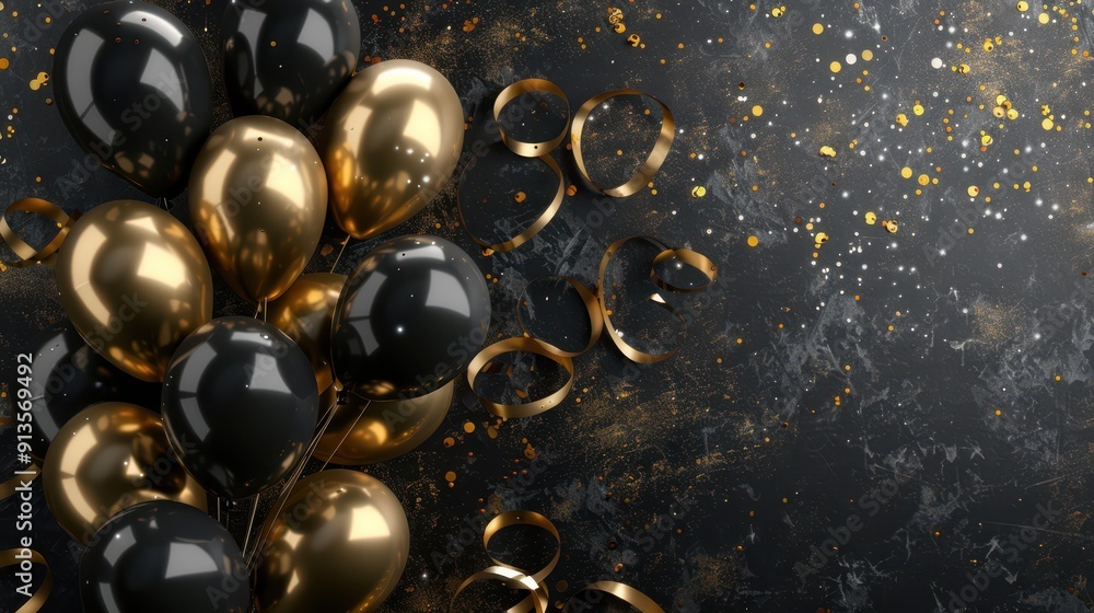 Golden and black balloons with confetti and ribbons on a dark background. Ideal for glamorous celebrations and festive events. Black friday concept Golden and black balloons with confetti and ribbons on a dark background. Ideal for glamorous celebrations and festive events. Black friday concept