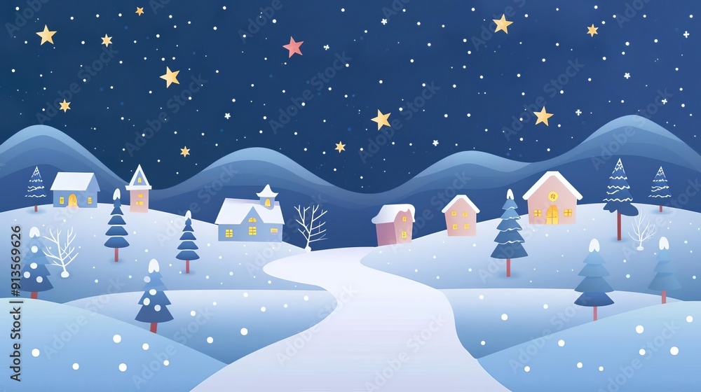 Starry village night, gentle grain, simple modern clean background, flat design illustration Starry village night, gentle grain, simple modern clean background, flat design illustration