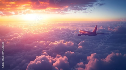 A plane flying above the clouds at sunset