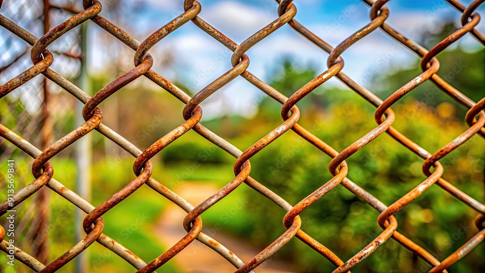 Fototapeta premium Rusty chain link fence in need of repair, rust, corroded, decay, aged, weathered, metal, barrier, background, texture, old, neglect