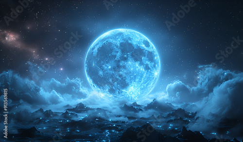 Amazing scenery of blue glowing moon in dark blue sky with clouds at night
