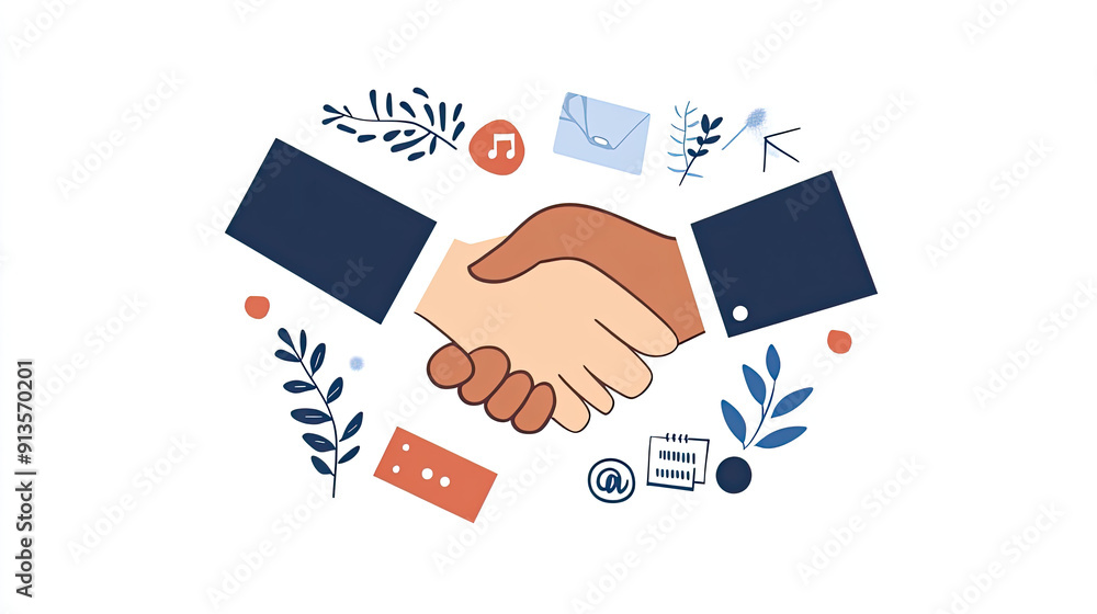 Illustration of a handshake symbolizing business agreement, partnership, and collaboration with various icons around. Illustration of a handshake symbolizing business agreement, partnership, and collaboration with various icons around.