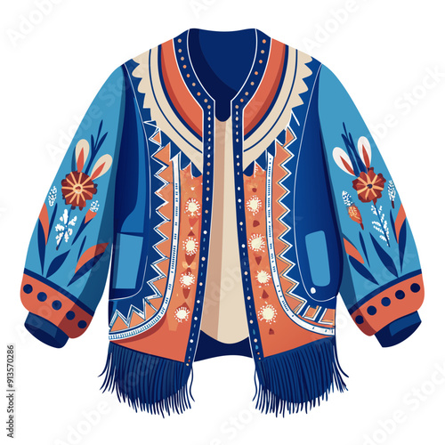 Flowing jacket with patterns along navy blue the sleeves and hem bohemian art vector illustration