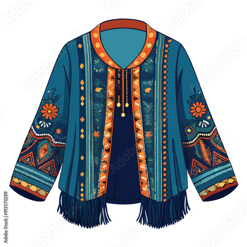 Flowing jacket with patterns along navy blue the sleeves and hem bohemian art vector illustration