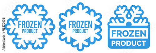 Frozen product food package label. Fresh frozen food product icon logo, badge, sticker, emblem, stamp, symbol, black, line circle, flat vector, isolated illustration. Snowflake icon.