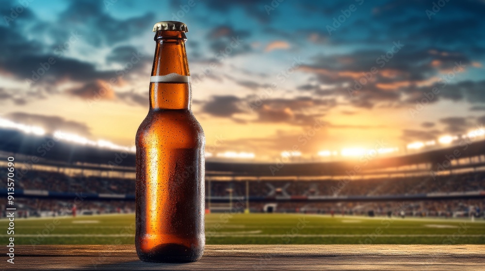 Cold Beer Bottle on Wooden Surface in Outdoor Stadium during Sunset - Perfect for Sports Event and Refreshment Themes Cold Beer Bottle on Wooden Surface in Outdoor Stadium during Sunset - Perfect for Sports Event and Refreshment Themes