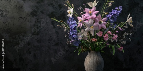 bouquet with a Bearded Iris, columbine, delphenium, and pasque flower