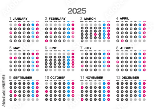 2025年の年間カレンダー月曜日始まり