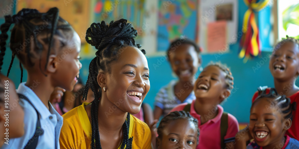 A teacher and her students share a moment of joy and laughter in the classroom.. african woman A teacher and her students share a moment of joy and laughter in the classroom.. african woman