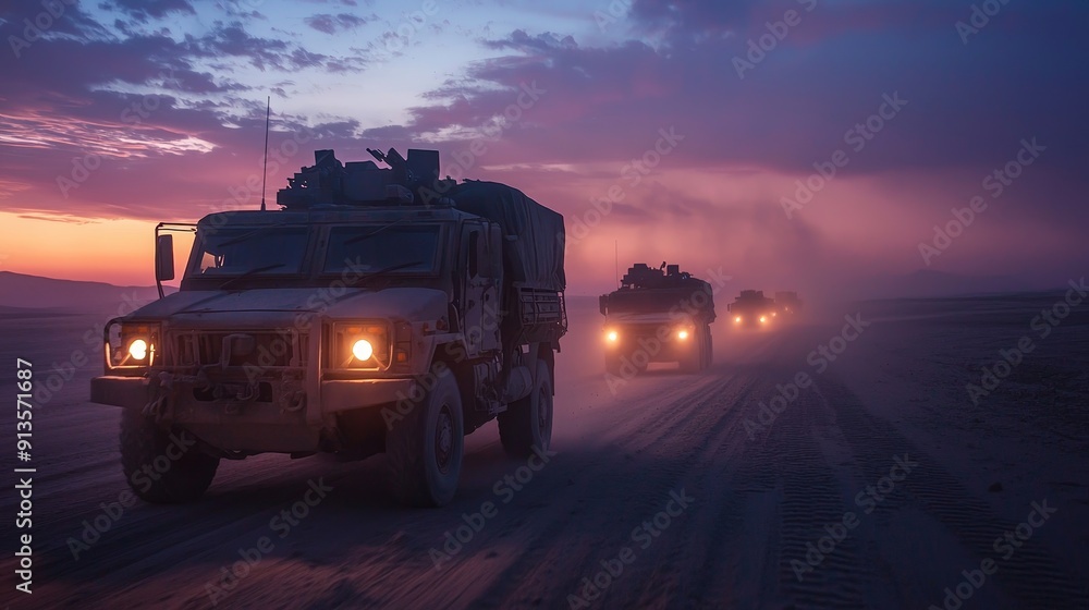 Military convoy of armored vehicles driving through dusty terrain at sunset in desert Military convoy of armored vehicles driving through dusty terrain at sunset in desert
