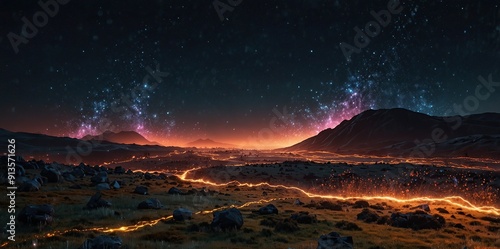 Dynamic digital landscape featuring glowing particles and waves. Perfect for modern tech and sci-fi themes photo