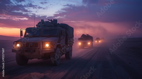 Military convoy of armored vehicles driving through dusty terrain at sunset in desert