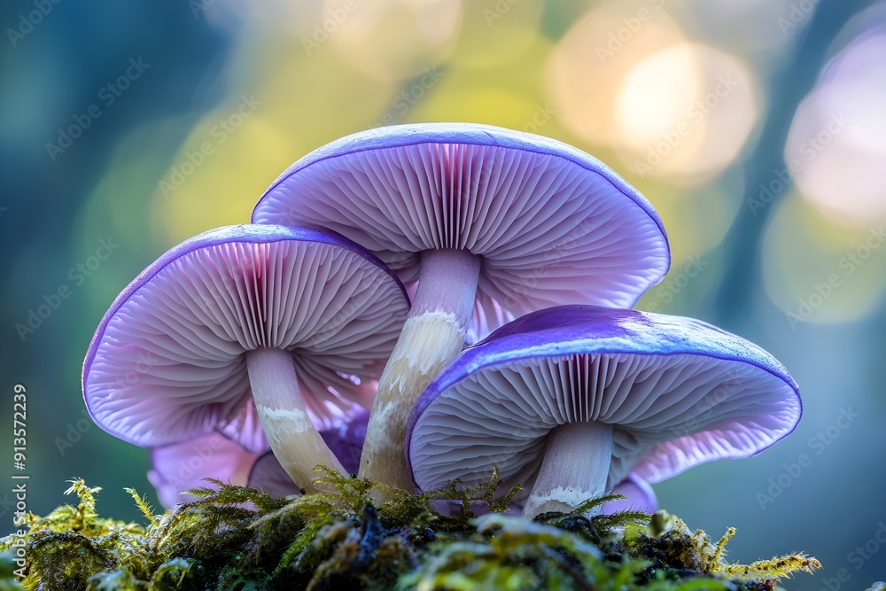 Amethyst Deceiver mushrooms bathed in morning light Amethyst Deceiver mushrooms bathed in morning light