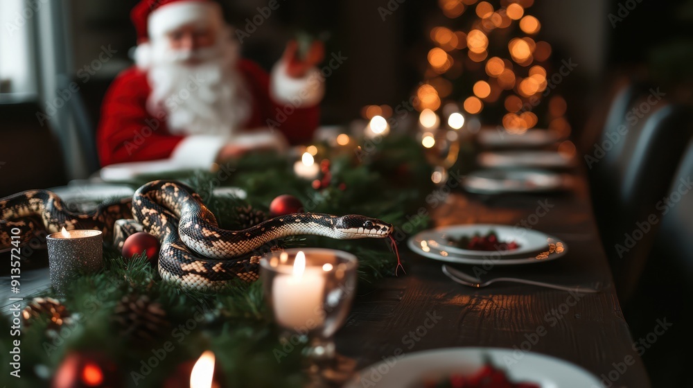 Santa Claus with a snake at a decorated Christmas dinner table, combining festive decor and wildlife for a unique holiday scene. Santa Claus with a snake at a decorated Christmas dinner table, combining festive decor and wildlife for a unique holiday scene.