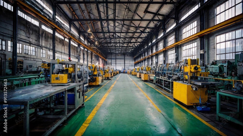 Industrial Factory Interior with Machinery and Yellow Lines. Industrial Factory Interior with Machinery and Yellow Lines.
