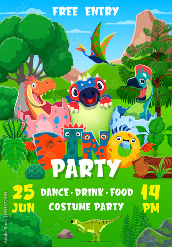 Dino kids in egg shell, party flyer. Vector holiday invitation poster template with cute cartoon prehistoric dinosaur baby characters hatching from the eggshells on tropical landscape background