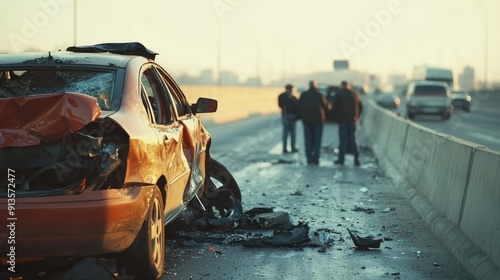 car crash aftermath on a highway, showing deployed airbags and concerned bystanders assisting the involved drivers ,generative ai photo