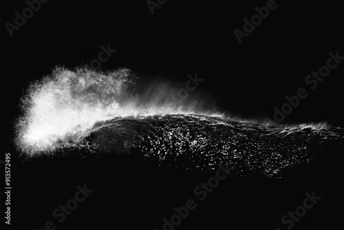 Breaking ocean wave isolated on dark background. Water splashes. Black and white illustration	