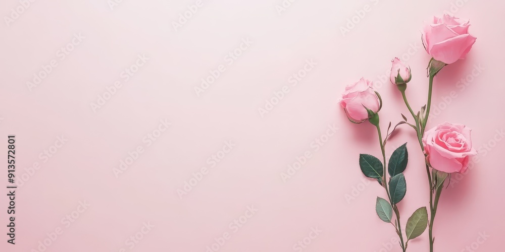 Three pink roses with green leaves on a soft pink background, symbolizing simplicity and love. Three pink roses with green leaves on a soft pink background, symbolizing simplicity and love.