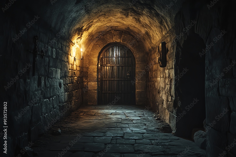 A Dark and Mysterious Stone Corridor Leading to a Fortified Door A Dark and Mysterious Stone Corridor Leading to a Fortified Door