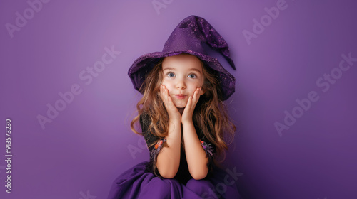 cute little girl in witch dress makes funny faces on purple background, smiling child, Halloween, party, holiday, children, kid, toddler, baby, carnival, masquerade, outfit, celebration, performance