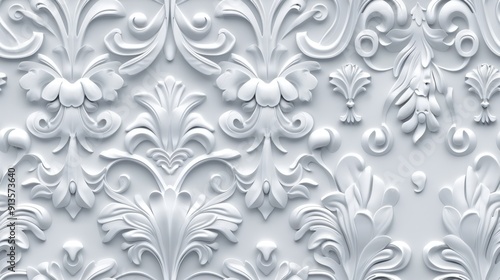 Ornate white floral pattern with intricate details, creating a luxurious and elegant design, Seamless pattern.