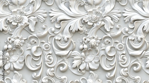 Ornate white floral pattern with intricate details, creating a luxurious and elegant design, Seamless pattern.