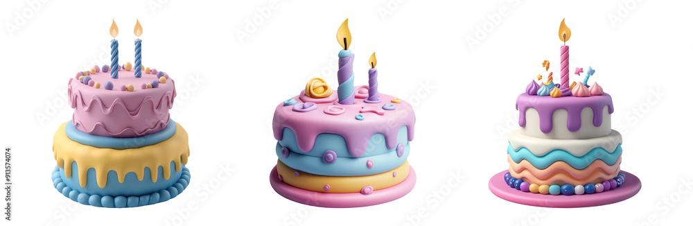 Colorful birthday cakes set isolated on transparent background Colorful birthday cakes set isolated on transparent background