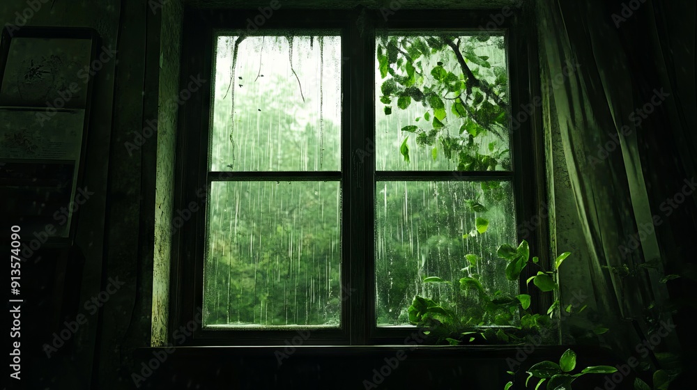 Fototapeta premium A window with a plant in front of it in the rain