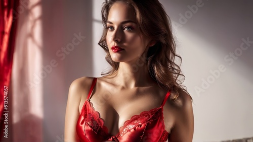 Elegant woman in red lingerie with satin finish soft studio glow three quarter view