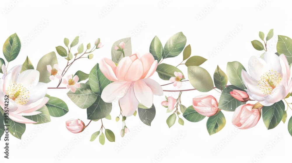 Naklejka premium Magnolia and ivy garland, garden decoration element, handdrawn, soft colors, isolated on white background