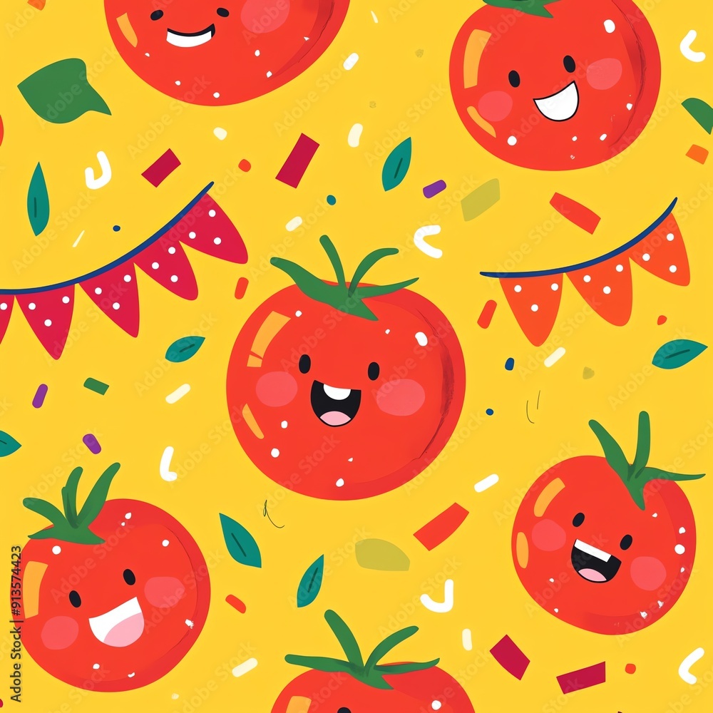 Happy Smiling Tomatoes with Confetti and Bunting Happy Smiling Tomatoes with Confetti and Bunting