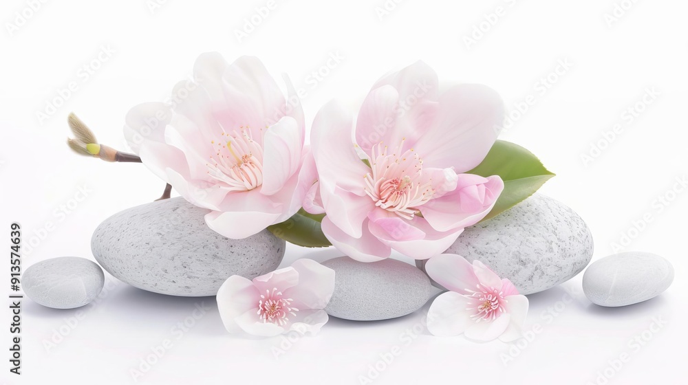 Magnolia blossom in zen garden, tranquil arrangement element, photorealistic, calming hues, isolated on white background