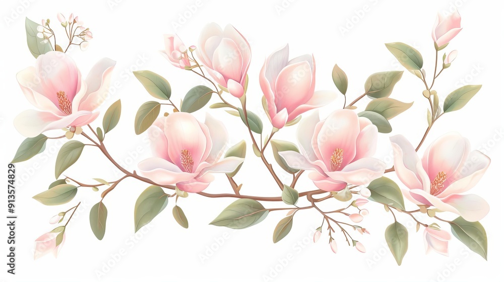 Naklejka premium Magnolia flower bouquet, garden arrangement element, vintage botanical illustration, delicate hues, isolated on white background