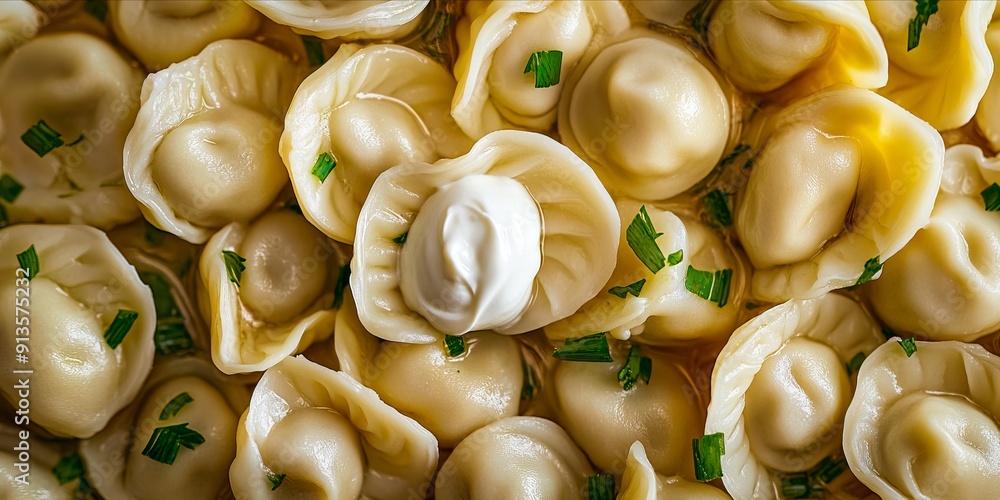 A close up of a plate of dumplings with sour cream and chives A close up of a plate of dumplings with sour cream and chives