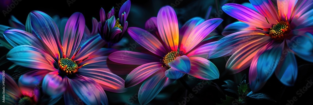 neon daises, glowing on black background neon daises, glowing on black background