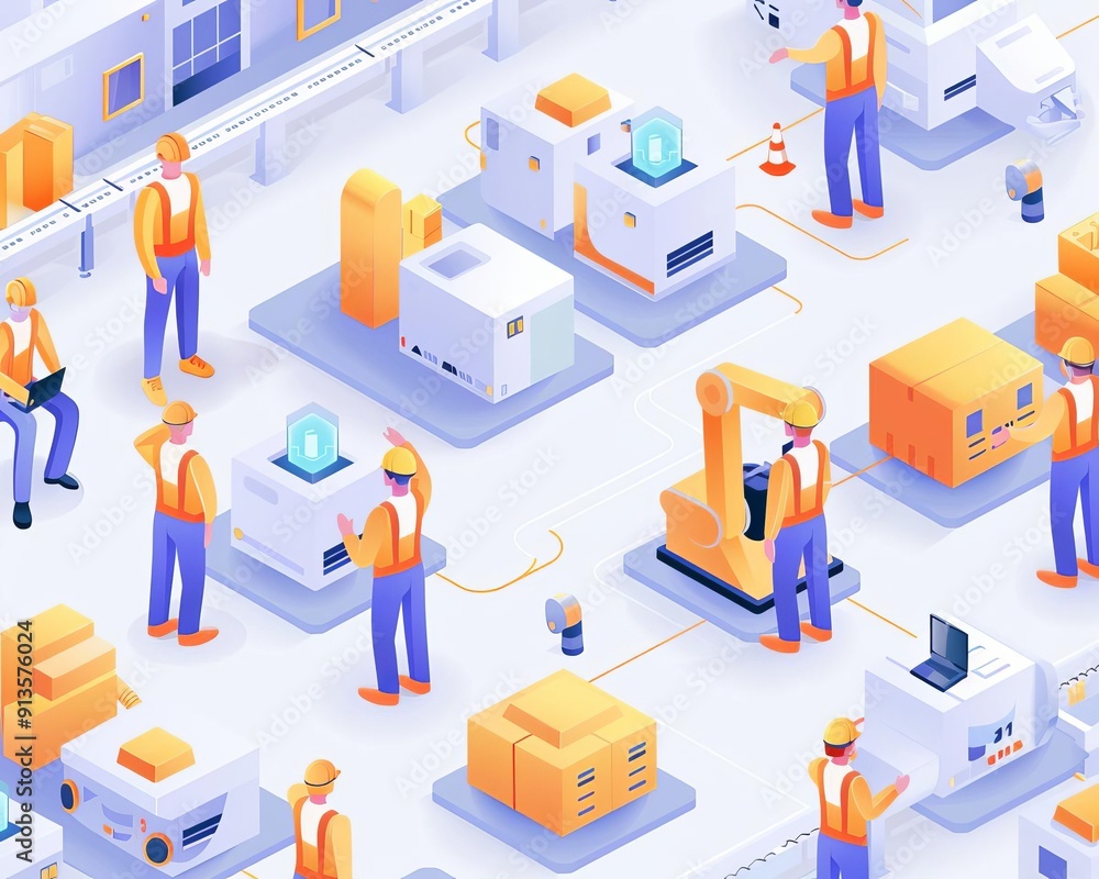 Factory floor with collaborative robots and human workers, Automation, humanrobot collaboration Factory floor with collaborative robots and human workers, Automation, humanrobot collaboration