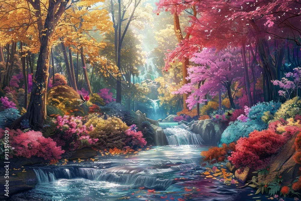 A beautiful view in the middle of a forest filled with colorful flowers with a fast flowing river. beautiful forest wallpaper with anime style A beautiful view in the middle of a forest filled with colorful flowers with a fast flowing river. beautiful forest wallpaper with anime style