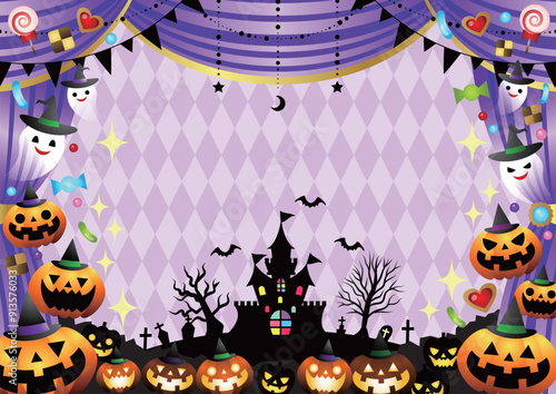 ハロウィン、イラスト、背景、お化け、カボチャ、かわいい、劇場、幕、紫、横