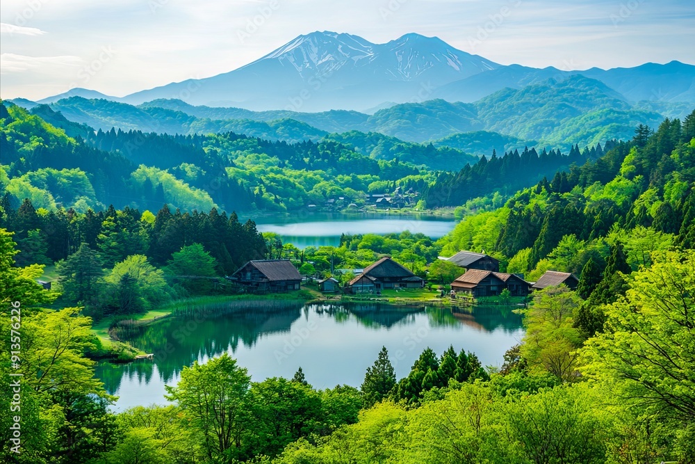 Fototapeta premium A view of a lake surrounded by trees and mountains