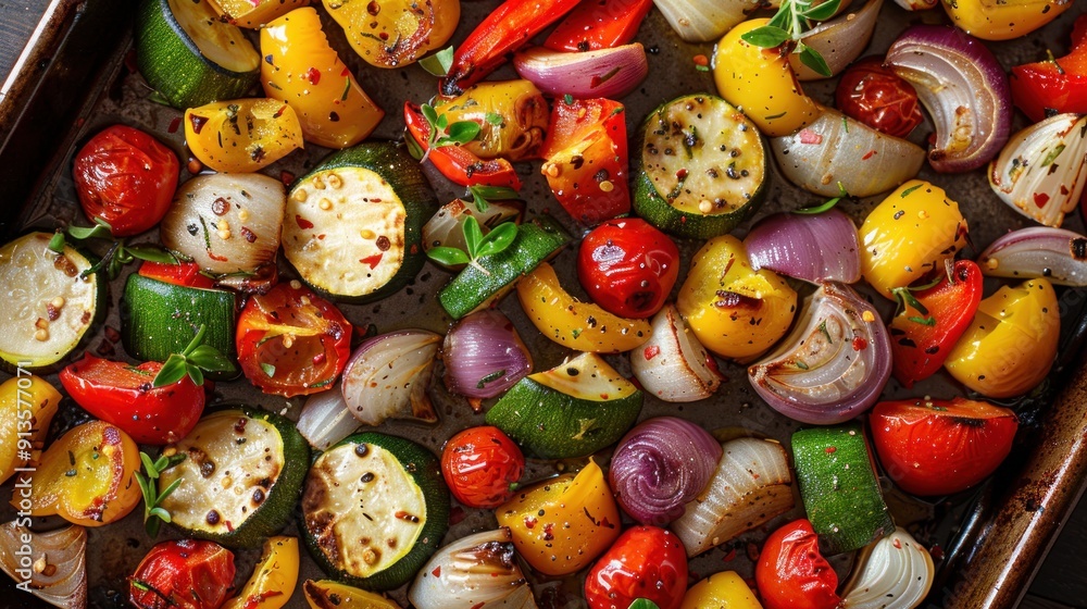 Colorful grilled vegetables on a baking sheet, focusing on simple and healthy cooking techniques. Colorful grilled vegetables on a baking sheet, focusing on simple and healthy cooking techniques.