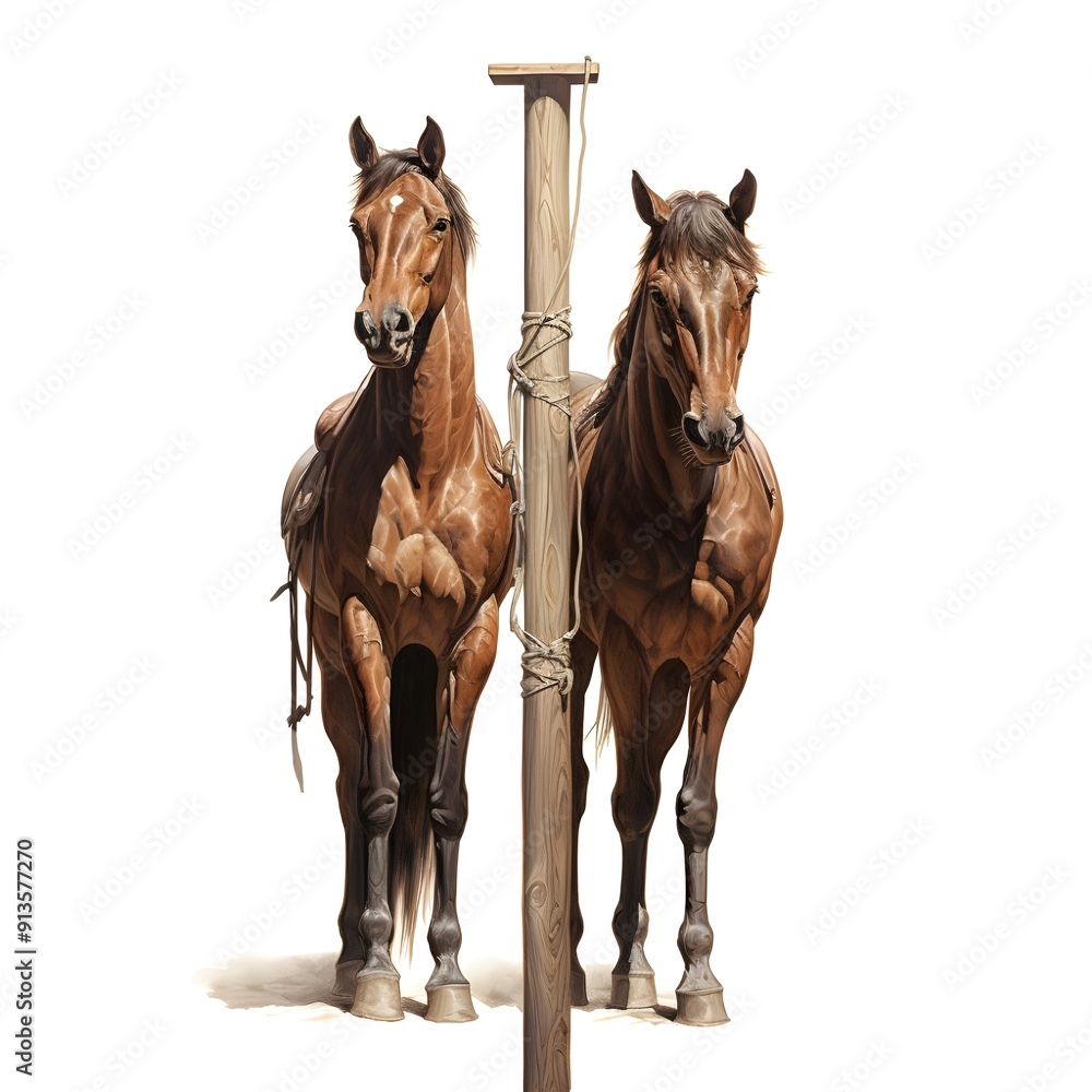 Obraz premium two horses on white background,Horses are looking at each other on a white background in the style of realistic depictions of huma,