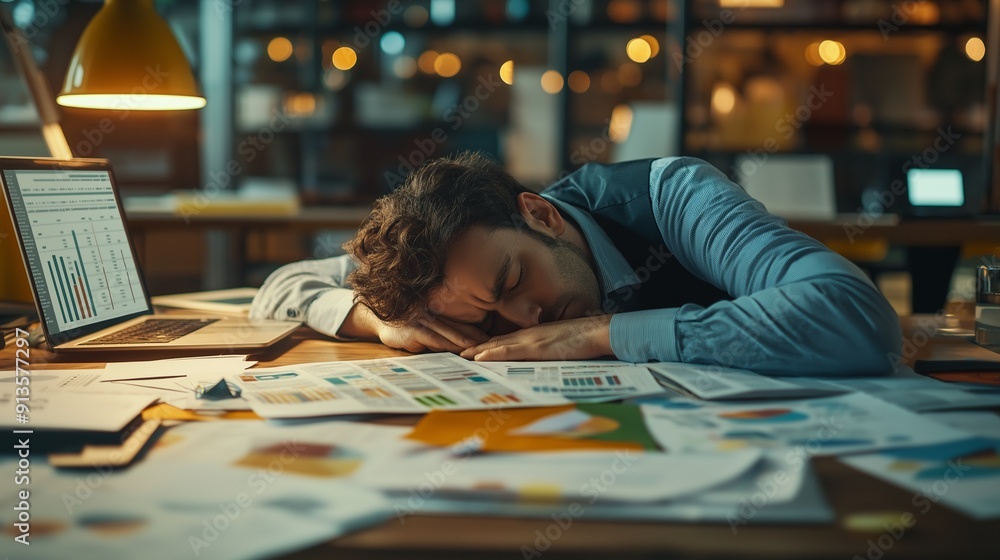 Tired businessman sleeping on a desk surrounded by documents and a laptop in a dimly lit office Tired businessman sleeping on a desk surrounded by documents and a laptop in a dimly lit office