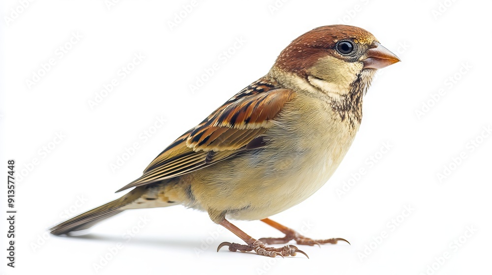 Fototapeta premium A small brown and white bird standing on a white surface